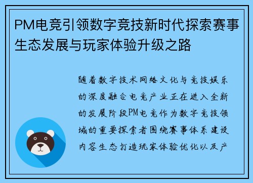 PM电竞引领数字竞技新时代探索赛事生态发展与玩家体验升级之路